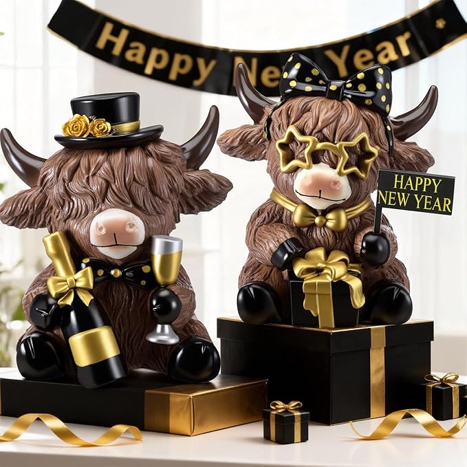 Karenhi 2 Pcs 2025 New Year Highland Cow Figurines, Happy New Year Cow Gnomes with Champagne and Gift Box, Resin Statue Calf Lovers Gifts Cute Yak Home Collectibles for Holiday Decor
