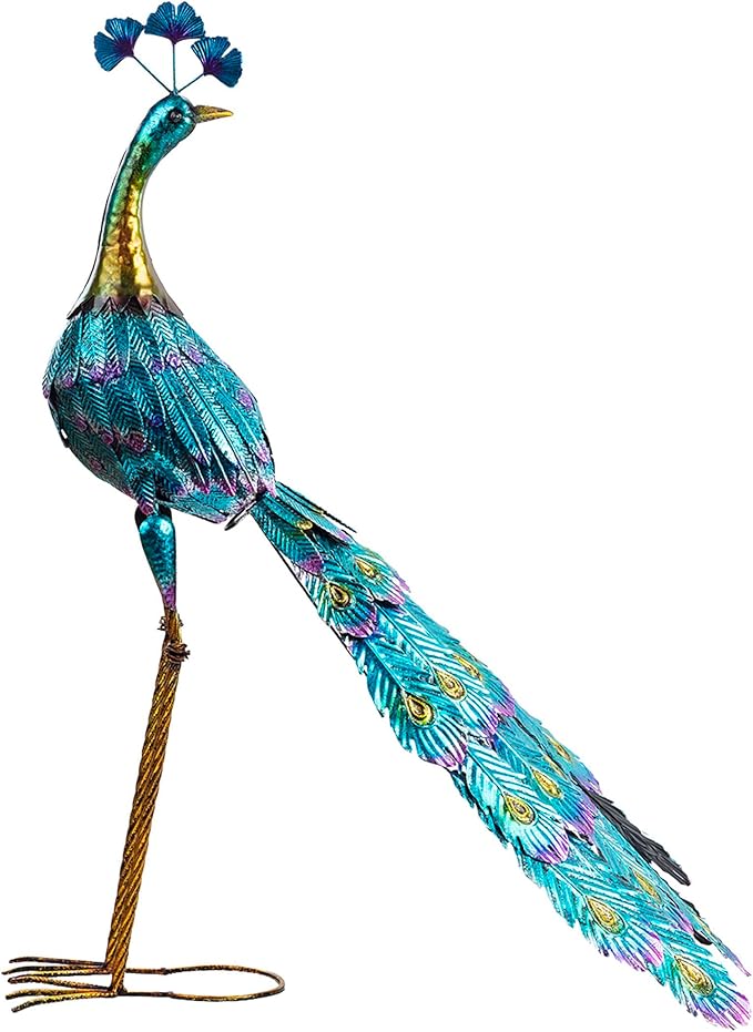 Alpine Corporation JUM207 Indoor Outdoor Metallic Peacock Standing Yard Statue Decoration, 37" Tall, Multicolor