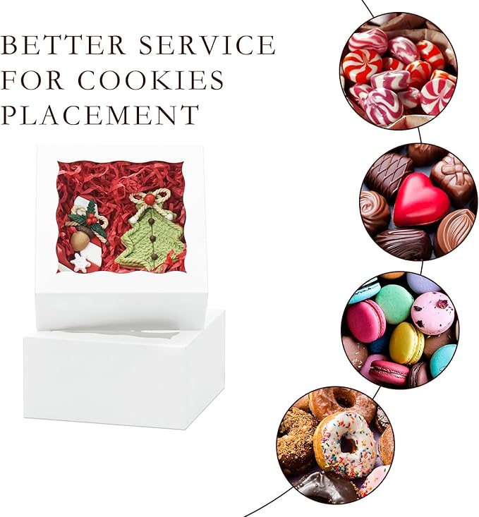 20pcs Cookie Boxes 5x5x2.5 Inches Bakery Boxes with Window Treat Box Dessert Box for Pastry Strawberries Chocolate Mini Cake Donuts - White