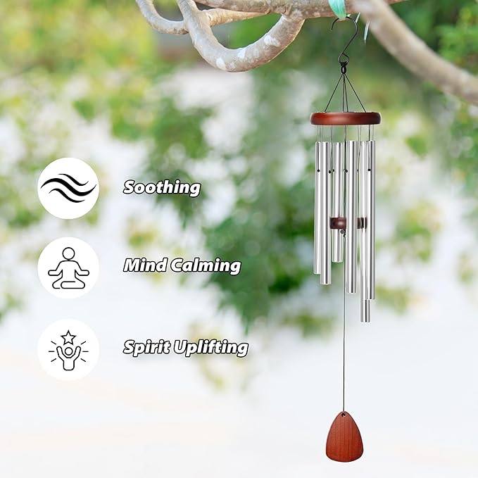 Large Aluminium Wind Chimes Outside, 34" Soothing Melodic Wind Chime, Suitable Outdoor Garden Patio Decor, Gift for Mom, Women, Neighbors (Silver)