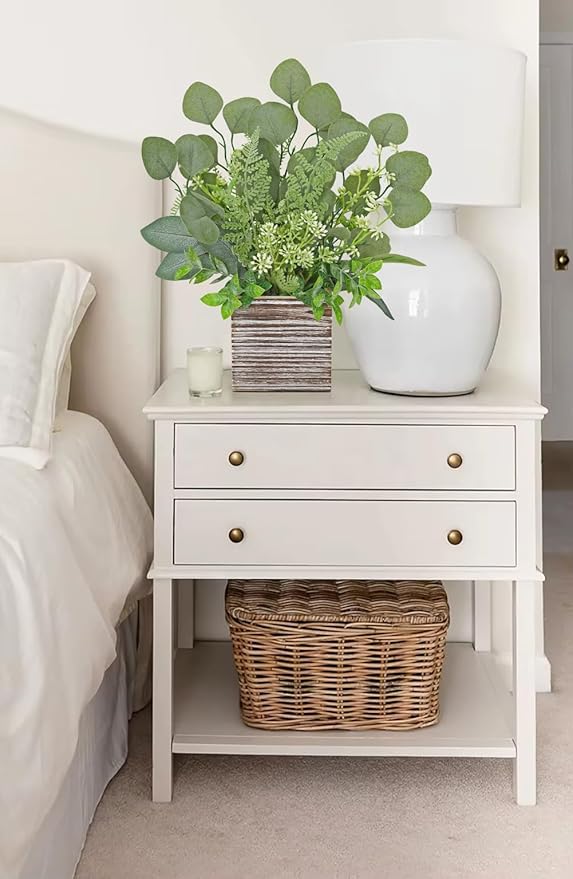 Hollyone 2Pcs Artificial Eucalyptus Plant in Rustic Wood Planter 14" Faux Eucalyptus Fern Greenery Arrangement Potted Plant Centerpiece for Farmhouse Home Indoor Wedding Table Shelf Kitchen Decor