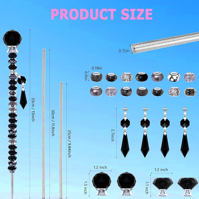 Exway 100 PCS DIY Fairy Wand Beaded Garden Stake Beads Kits with Black Large Hole Beads 4 Crystal Stopper Top Threaded Rods and 4 Black Sparkling Crystal Pendants for Outdoor Indoor Decor