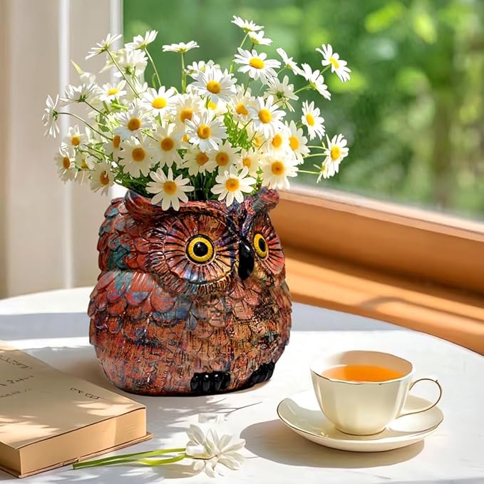 Owl Planter, Owl Succulent Pots, Owl Flower Pot, Owl Statue Decor, Cute Plant Pots Indoor/Outdoor, Animal Bird Planters with Drainage, Owl Vase Gifts for Women Mother Teacher, Pen Brush Holder Brown