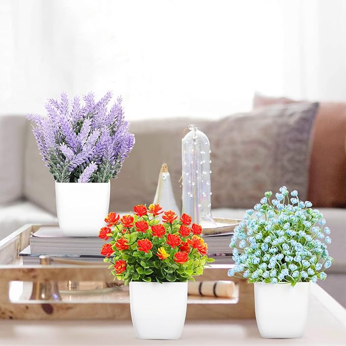 LELEE Artificial Plants Mini Fake Potted Plants, 8 pcs Small Eucalyptus Potted Faux Decorative Grass Plant with Flower for Home Decor, Indoor, Office, Desk, Shelf, Table Decoration