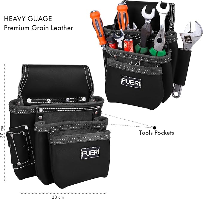 FUERI Leather Tool Belt 17 Pocket Pouches Bags Men Suspenders Holder Organizer for Carpenter Construction Electrician - Black
