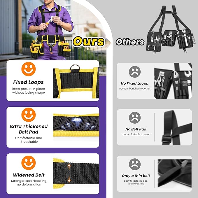 Tool Belt, Professional Tool Belts for Men, Magnetic Tool Pouch With Suspenders, Heavy Duty Detachable Adjustable Utility Belt Work Bags for Electrician, Carpenter (Black and Yellow, 32''-66'')