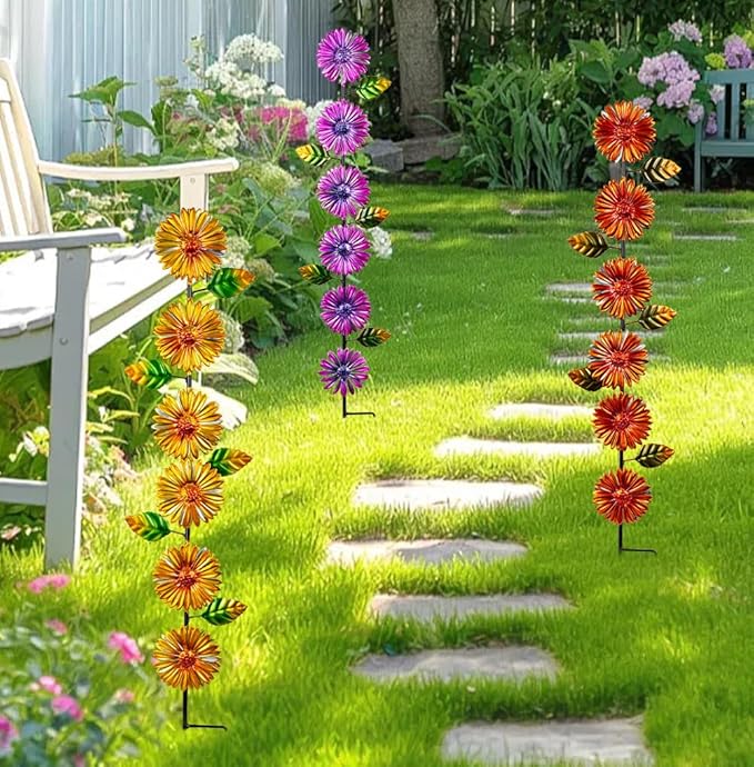 Stargarden Metal Flowers Garden Stakes, 3 Pack Decorative Garden Stakes, Colorful Garden Decor Waterproof Metal Flowers for Outside, Lawn, Patio