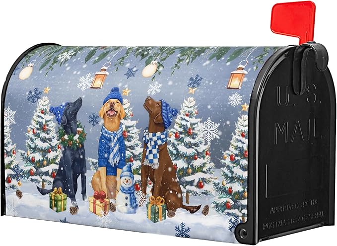 Winter Dog Magnetic Mailbox Cover, 21x18 Inch Christmas Puppy Tree Snowman Decorative Waterproof Mailbox Wrap Letter Post Cover Standard Size for Garden Yard Outdoor Season Outside