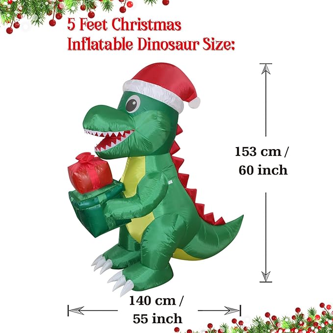Christmas Inflatables Dinosaur Lighted Yard Lawn Inflatable Decoration with Built-in Fan and Stakes Ropes Holiday Party Decor, Christmas Decor (5FT- Dinosaur Holds Giftbox)