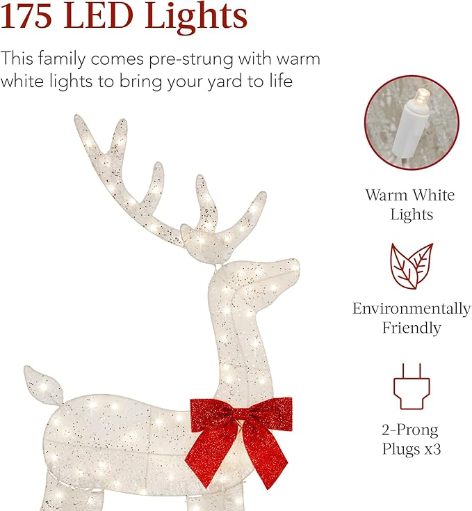 Best Choice Products 4ft 3-Piece 2D Lighted Christmas Deer Family Set, Large Outdoor Yard Reindeer Holiday Decoration with 175 LED Lights, Stakes, Zip Ties - White