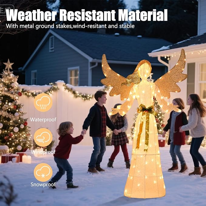 5 FT Christmas Angel Outdoor Decorations, 3D Pre-lit Glittered Angel with Bow and Ground Stakes Collapsible Winged Christmas Angel for Indoor Outdoor Garden Yard Lawn Holiday Display