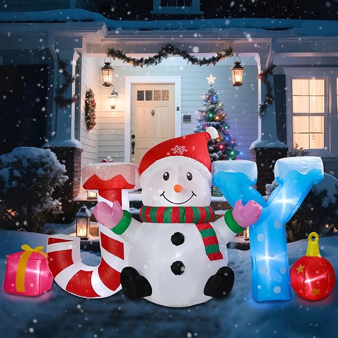 Christmas Inflatable Outdoor Decorations, Inflatable Snowman and Joy Built-in LED Lights Blow Up Yard Decorations for Holiday Indoor Outdoor Party Garden Lawn
