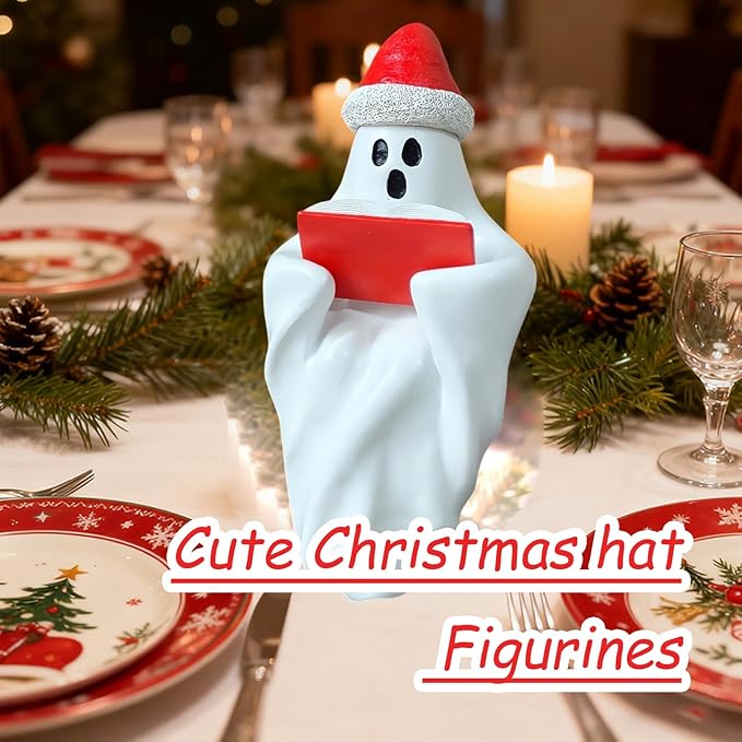 Christmas Figurine Cute Funny Figurines with Xmas Hat Read a Book Design Unique Ghost Xmas Indoor Decorations for Christmas Decor Home OfficeTable Bedroom Desktop Display Ornaments 1 PCS