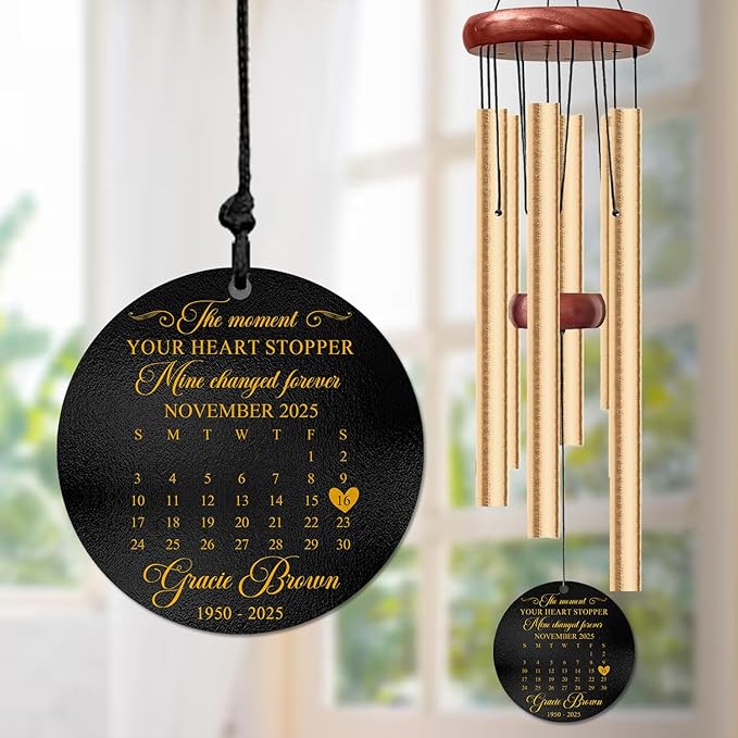 Personalized Calendar Memorial Wind Chime – “The Moment Your Heart Stopped, Mine Changed Forever” Custom Date, Name & Years – Sympathy Gift for Loss of Loved One – Windchimes for Outdoors Décor