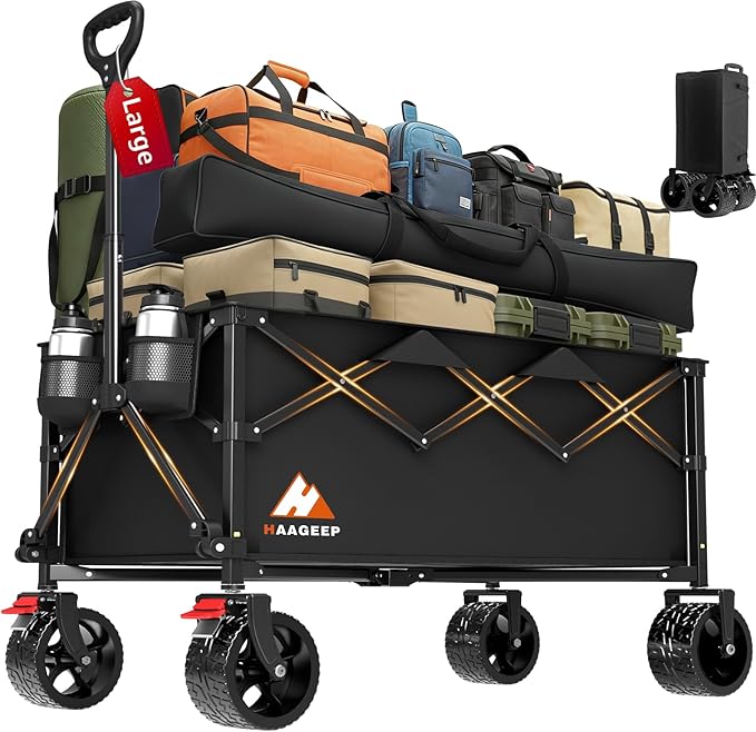 Collapsible Wagon Cart with Wheels Foldable - Folding Utility Heavy Duty Wagons Carts for Grocery Sports Garden Shopping Camping Wheelbarrows (Black200L)