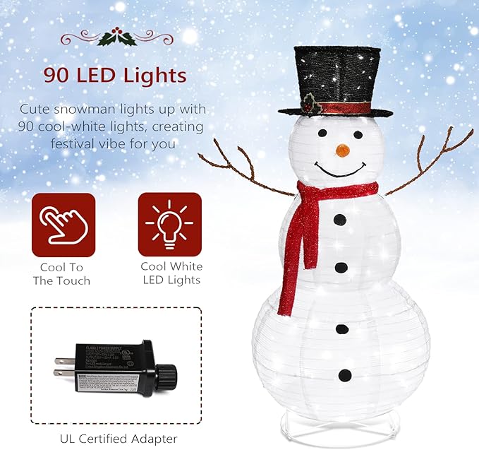 VINGLI 4FT Lighted Christmas Snowman Outdoor Decorations, Prelit 90 LED Snowman Decor with Stakes, Weatherproof Indoor Outdoor Yard Lawn Garden Patio Pathway Front Porch Xmas Holiday Display