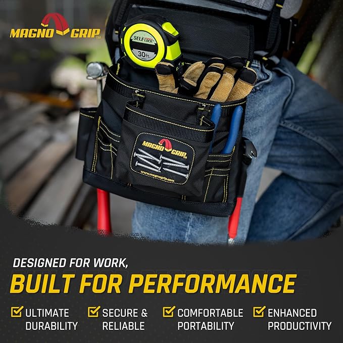 MagnoGrip 20-Pocket Builder’s Tool Rig with Magnetic Storage—Heavy-Duty 1680D Polyester Tool Belt with Padded Suspenders, Rivet Reinforced Stress Points, and Smartphone Holder, Fits Up to 52” Waist.