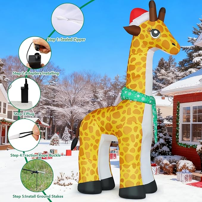 COMIN 10 FT Christmas Inflatables Outdoor Decorations Inflatable Nodding Giraffe with A Santa Hat Blow Ups with Built-in LEDs for Yard Party Lawn Decor