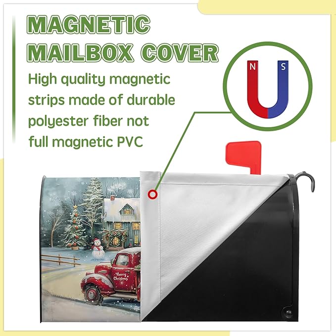 Winter Red Truck Mailbox Covers Magnetic Standard Size 21x18 inch Christma Tree Mailbox Covers Snowman Mail Box Wraps for Outside Garden Yard