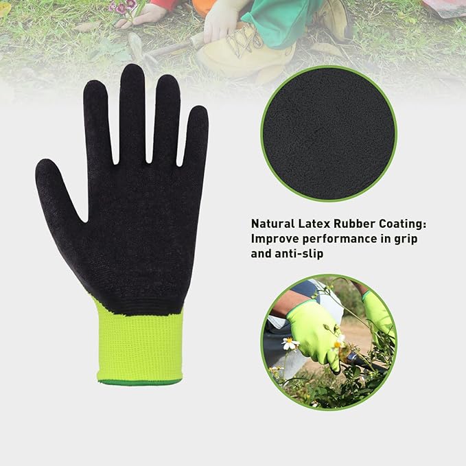 HANDLANDY 3 Pairs Kids Gardening Gloves Latex Free, Nitrile Coated Children Toddler Garden Yard Work Gloves for Little Girls Boys (Size L, Black-Green)