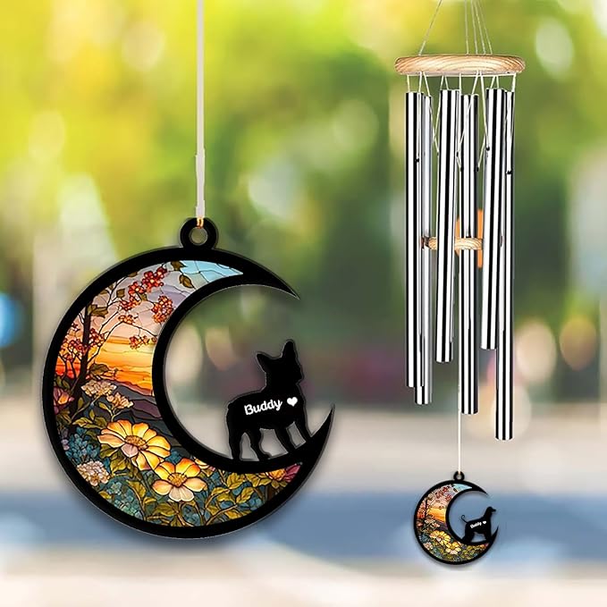 French Bulldog-Frenchie Sun Catcher Wind Chime, Custom Sunflower Suncatcher Dog Memorial Wind Chime, Dog Loss Gift, Dog Sympathy Gift, Pet Loss Suncatcher, Outdoor Garden Decor