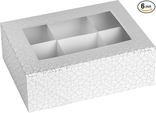 Hammont Window Box with Six Sections - 6 Pack - 7”x5”x2.5” - Silver Colored Versatile Bakery Boxes Perfect for sharing Snacks and Cookies | 6 Insert Sections Gift Boxes