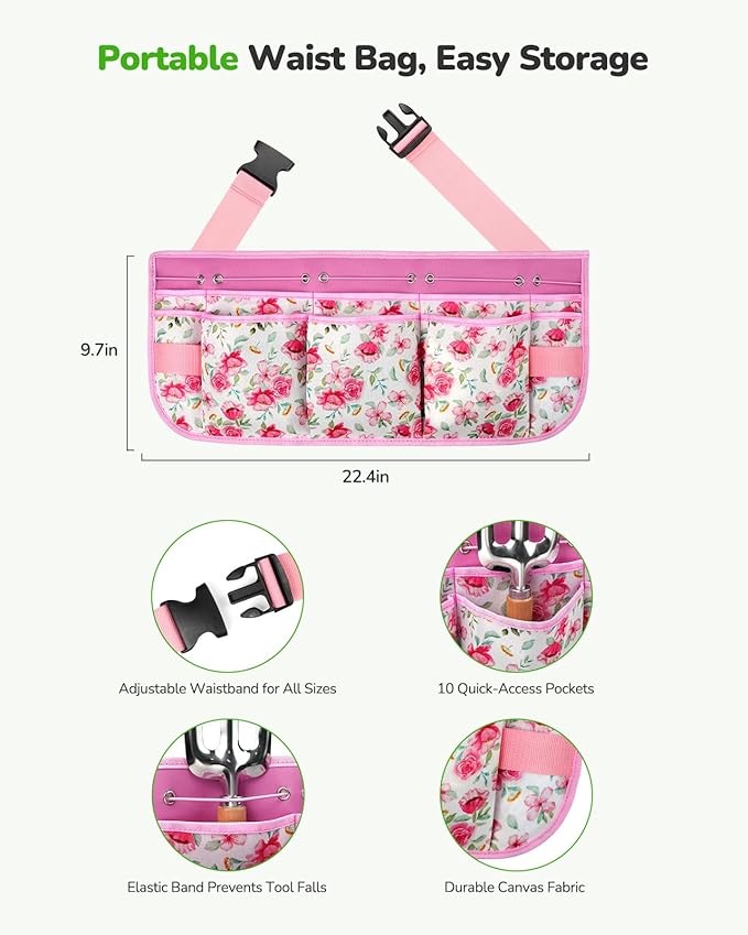 All-in-One Garden Tool Set with Tools Organizer Belt Adjustable, 10-Piece Heavy Duty Gardening Hand Tools, Long Lasting Rust-Proof Premium Garden Tool Kit, Gardening Gift for Women Men (Pink)