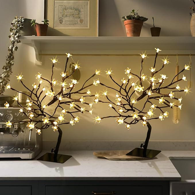 2PK Cherry Blossom Tree Lights,Artificial Bonsai Tree with 48 Warm White Led Lights, 16.2 Inch Prelit Cherry Blossom Lamp for Christmas Party Wedding Gift Home Tabletop Decoration