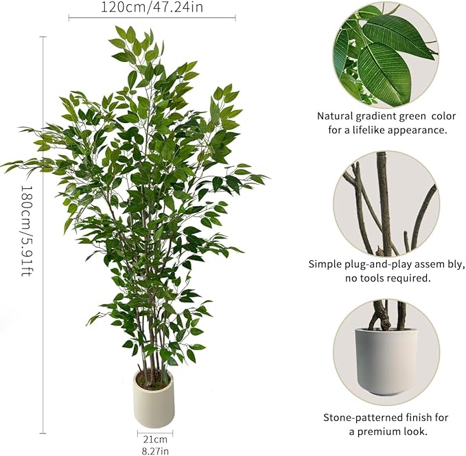 Artificial Ficus Tree with Green Leaves, 6ft Tall, Indoor Plant with Decorative Beige Planter