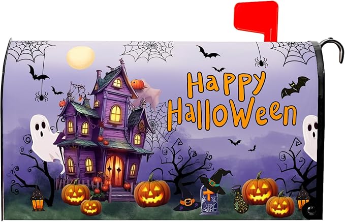 Halloween Magnetic Moon Pumpkin Mailbox Covers - Standard Size 21" X 25.5" Purple Post Cover for Outside Decoration