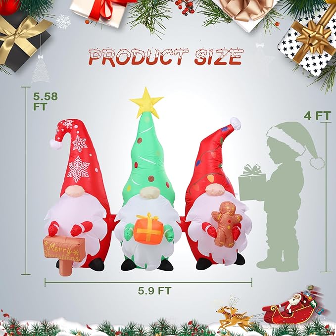 5.9 FT Long Christmas Inflatables Gnomes Outdoor Decorations, Blow up Christmas Gnome with Built-in LED Lights for Outdoor Holiday Yard Lawn Party Decor
