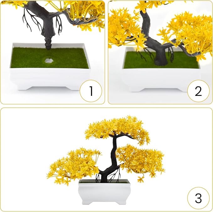 Mini Artificial Bonsai Tree Plants with Plastic Cement Pots for Home Office Décor(Yellow)