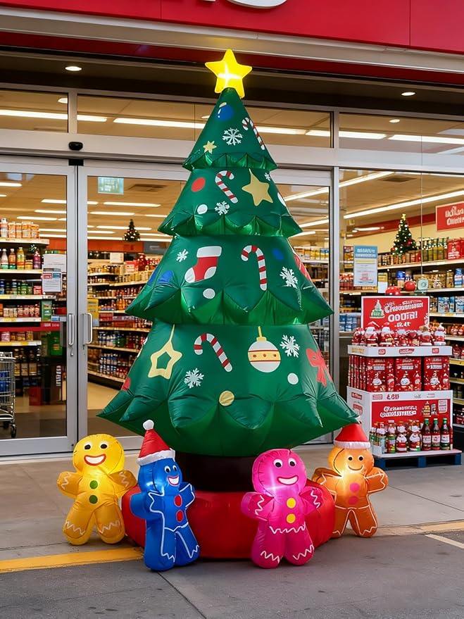 9ft Christmas Tree Decoration with Gingerbread Men Inflatable Outdoor Indoor Decor, Giant Blow Up Weatherproof Xmas Decorations for Yard, Built-in LED Rotating Light for Gardern Lawn Winter Holiday