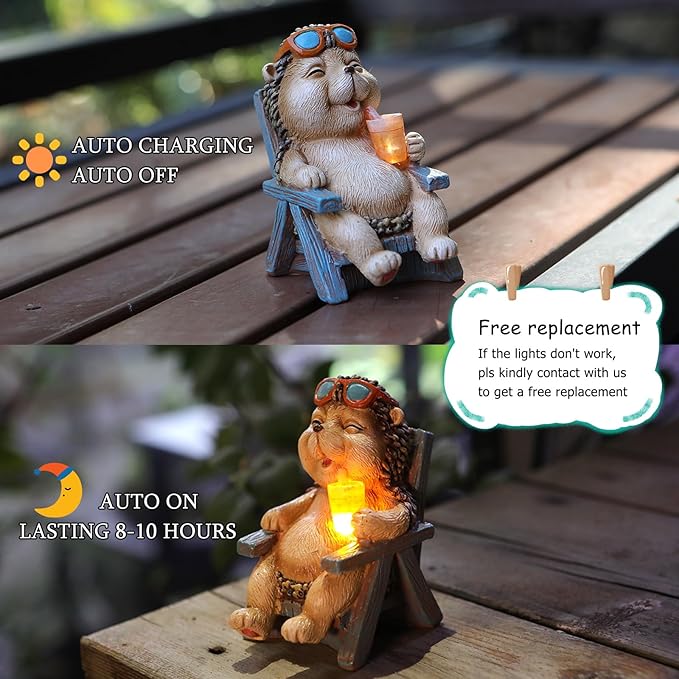 Hedgehog Statue Outdoor Solar Garden Decor for Outside Lawn Yard Patio, Home Office Thanksgiving Decorations Indoor Lights, Ideal Ornaments Birthday Gifts for Mom Women Grandma