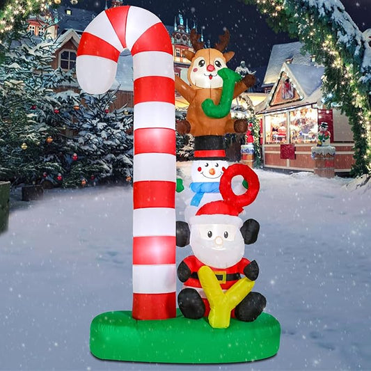 Christmas Inflatables Christmas Blow Up Yard Decorations Christmas Inflatable Candy Cane Santa Clause Snowman Reindeer Holding Joy LED Lighted Up Yard Lawn Garden Home Party Decor