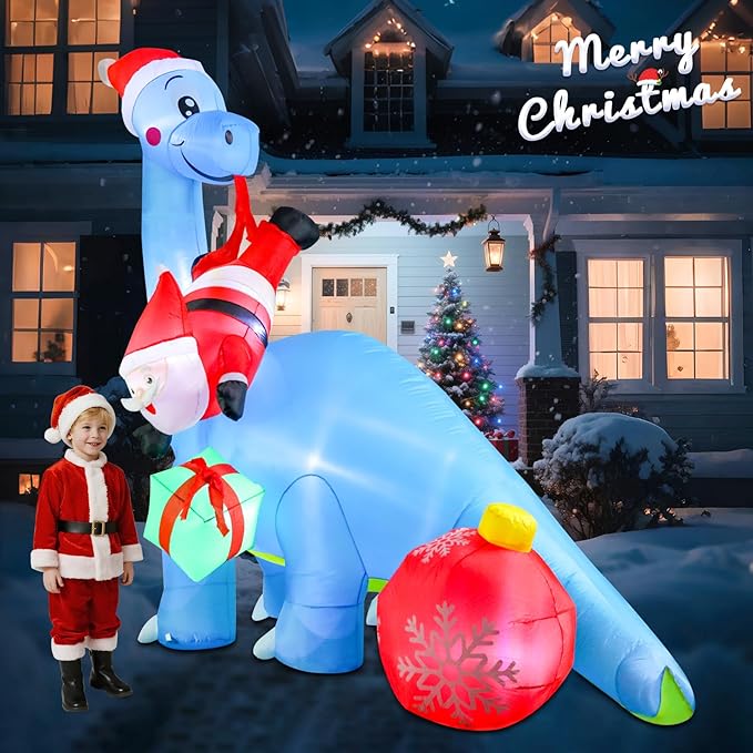 10FT Christmas Inflatable Outdoor Decorations, Inflatable Dinosaur and Santa Claus Built-in LED Lights Blow Up Yard Decorations for Holiday Indoor Outdoor Party Garden Lawn