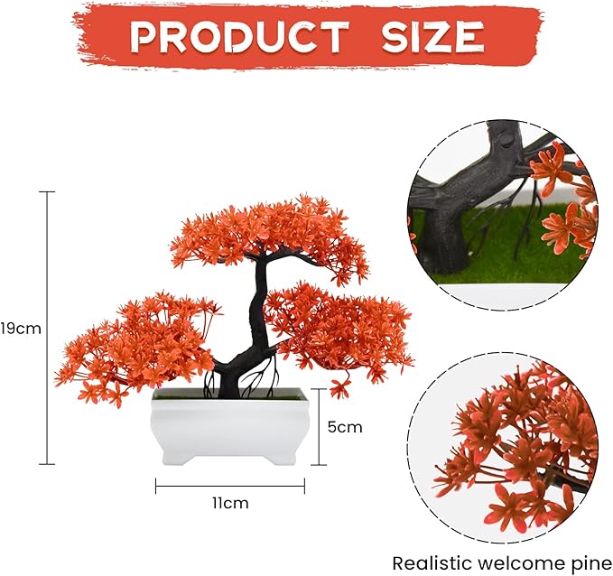 Mini Artificial Bonsai Tree Plants with Plastic Cement Pots for Home Office Décor(Orange)