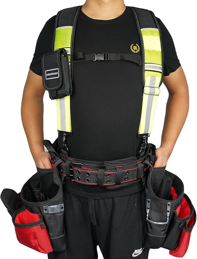 MELOTOUGH Reflective Safety Suspenders Tool Belt Suspenders Construction Work Suspenders with detachable phone holder comfortable foam shoulder padder (Lime)