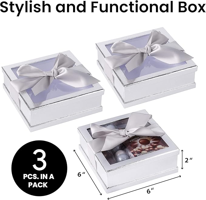 Hammont Clear Boxes for Gifts - Premium Clear Gift Box - Clear Cake Box - Gift Box with Window for Treats, Cupcakes & Baked Goods | 6"x6"x2" (Silver)