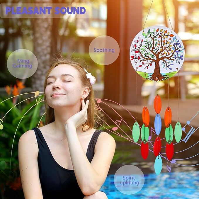 Tree of Life Glass Wind Chimes for Outside, Fall Leaves Windchimes Outdoors Unique Suncatcher, Small Sea Glass Art Wind Chimes Outdoor Gifts for Women, Hanging Outdoor Garden Christmas Decoration Gift