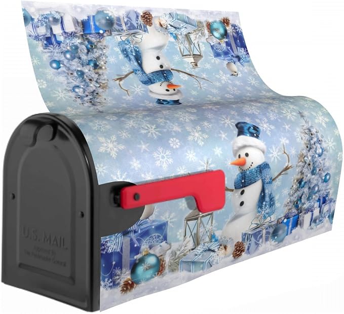 Winter Snowman Mailbox Cover Magnetic 21"x18" Standard Size Blue Christmas Tree Balls Xmas Snowflakes Mailbox Wrap Post Cover Decor for Yard Garden Home Outdoor Holiday New Year