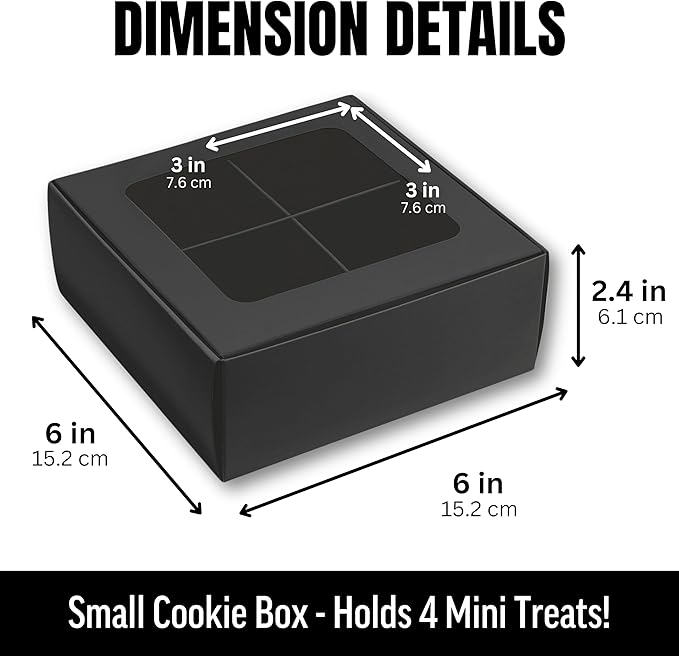 100 pcs Black Mini Cookie Boxes for 4 treats with Window and Dividers, Bakery Boxes, 6 x 6 x 2.4 Inches SMALL Baking Boxes, Square Cookies Box Decorating Supplies for Gift Giving