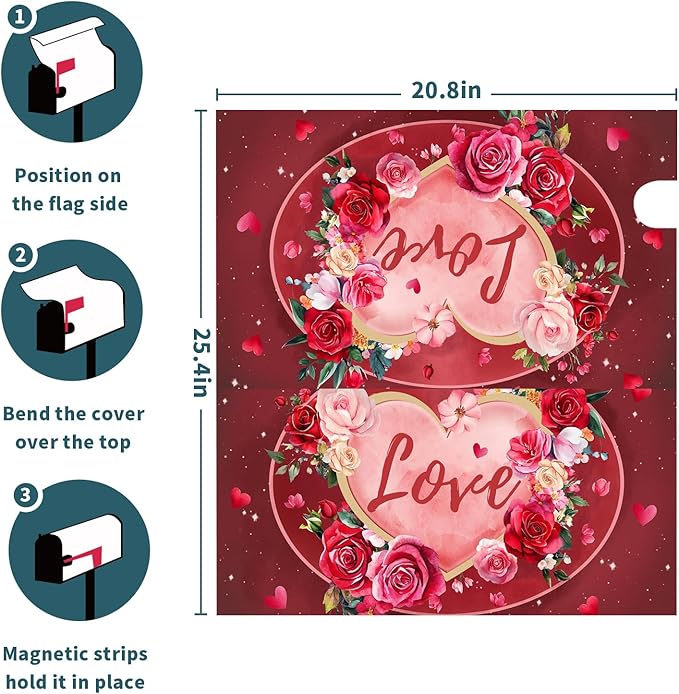 Valentine's Day Mailbox Covers Magnetic Standard Size 18 X 25.5 Inch Red Love Hearts Magnetic Mailbox Cover Floral Mailbox Wraps Post Box Cover Decoration Outdoor Garden Home Yard Outside