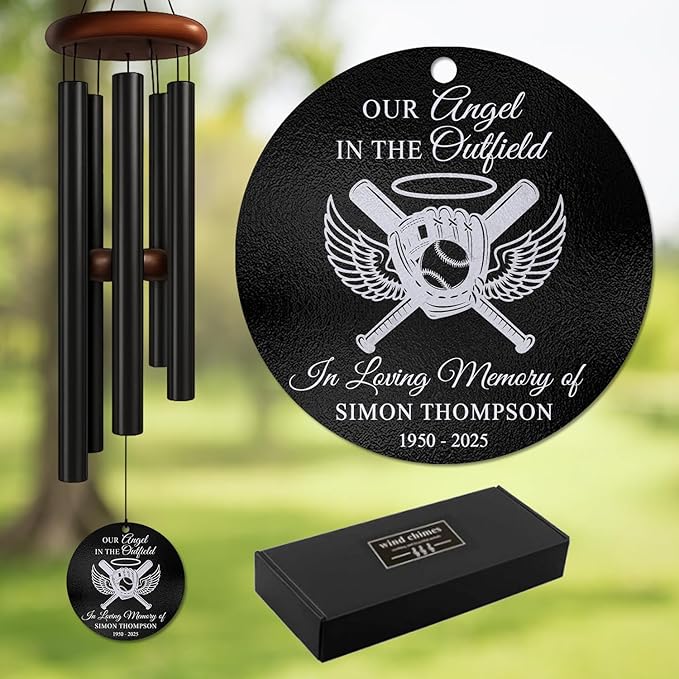 Personalized Baseball Memorial Wind Chimes for Outdoors – Custom Name & Years in Loving Memory Chime – Our Angel in The Outfield Sympathy Gifts for Loss – Outdoor Remembrance Windchimes Tribute