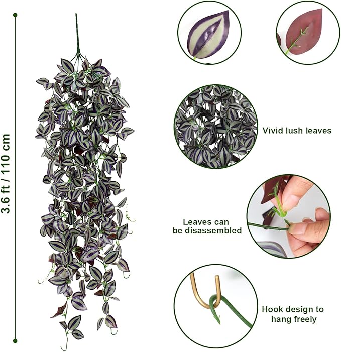 TOCHGREEN 3pcs Artificial Hanging Plants-3.6ft Fake Ivy Vine Purple Fake Ivy Leaves Faux Hanging Scindapsus Vine for Wall House Room Party Garden Indoor Outdoor Decoration