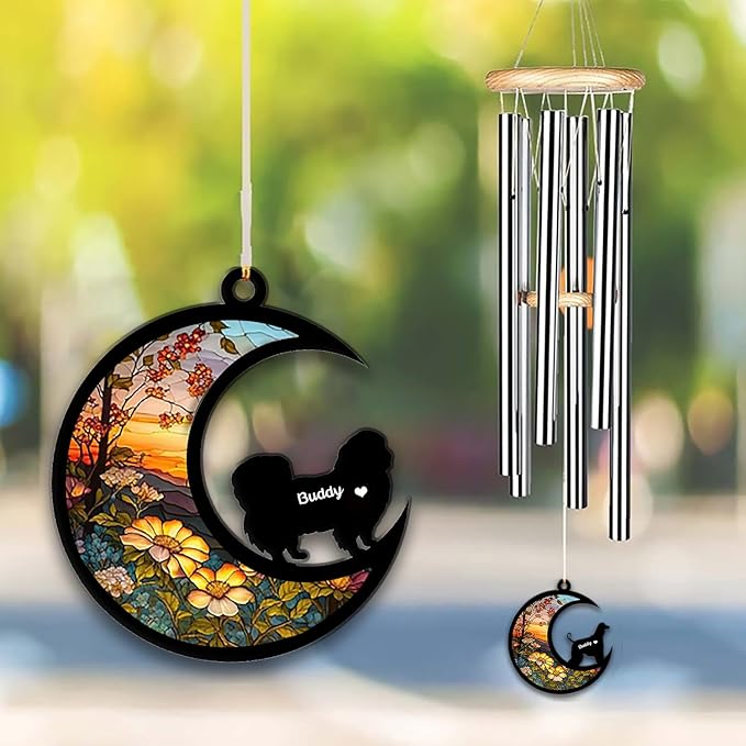 Pekingese Sun Catcher Wind Chime, Custom Sunflower Suncatcher Dog Memorial Wind Chime, Dog Loss Gift, Dog Sympathy Gift, Pet Loss Suncatcher, Outdoor Garden Decor