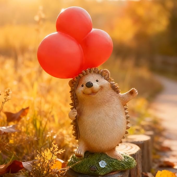 WHIMSYNOOK Hedgehog Figurine with Balloon – Solar LED Garden Statue & Whimsical Gift Décor, 10.4" Resin Cute Animal Light for Porch, Lawn, Yard, Housewarming, or Birthday