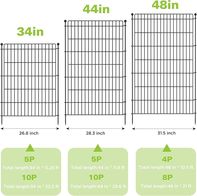 5 Panels No Dig Garden Fence Animal Barrier, 34in(H) × 11.25ft(L) Decorative Metal Outdoor Dog Fence, Rustproof Pet Fencing for Yard, Patio, Flower Bed -Temporary Fencing| Easy to Install