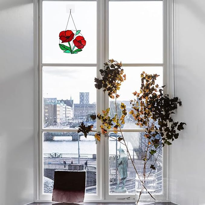 Red Flowers Stained Glass Window Hanging,Artificial Poppy Flower Suncatcher Wall Art Decor,Red Poppy Modern Artwork Hanging Decorations for Bedroom Living Room,Memorial Gift