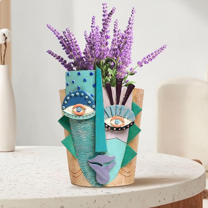 Picasso Flower Pot/Vase, Unique Planters, Abstract Face Flower Pots, with Drainage Holes, Handcrafted Resin Vases for Artistic Home Décor (Small)